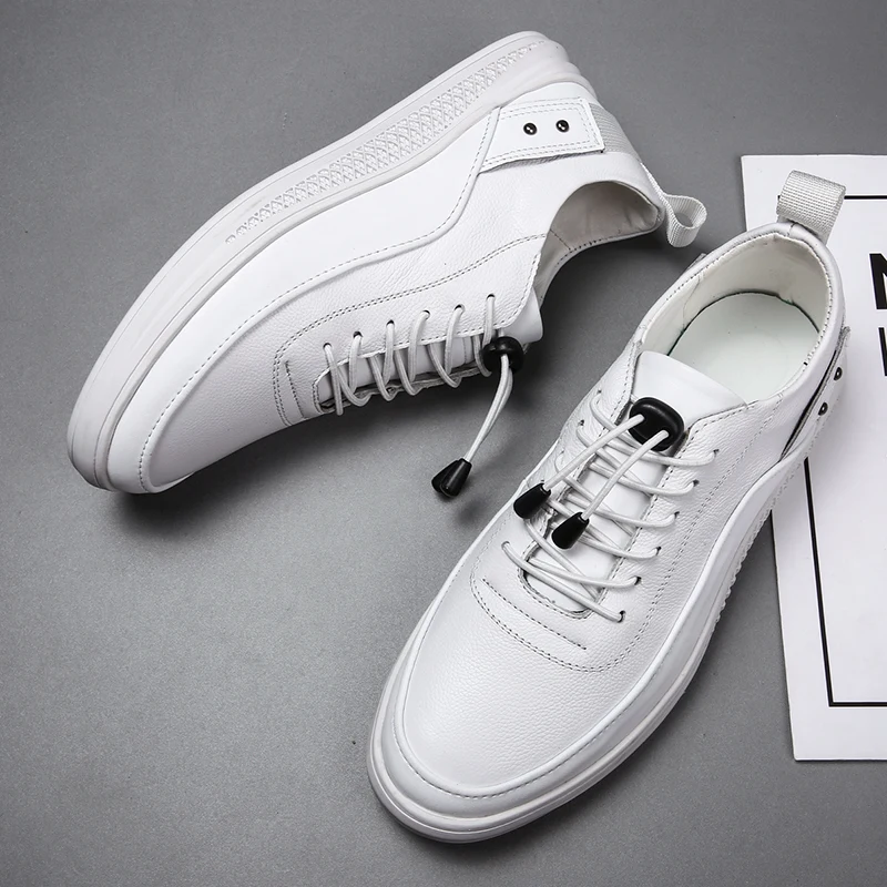 Mens White Shoes Fashion Leather Casual for Man Lace Up 2021 New Rubber Sole Non-slip Breathable Soft Flats Male Footwear | Обувь