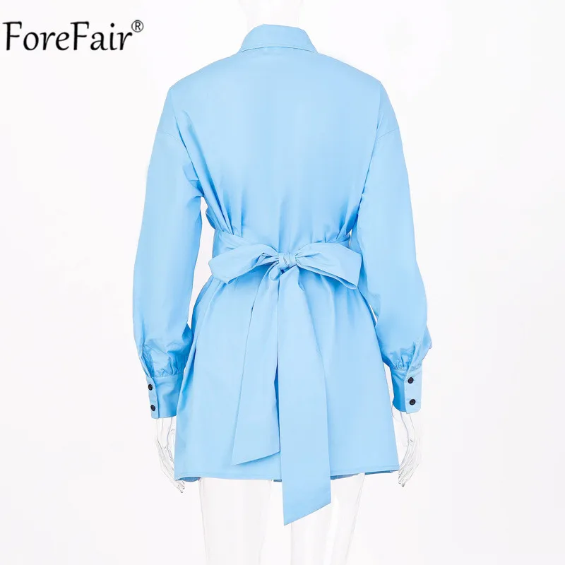 Forefair V образным вырезом пояса для женщин Кнопка белая рубашка платье офис с длинным рукавом трендовые Осень Зима Повседневное мини сексуальные платья