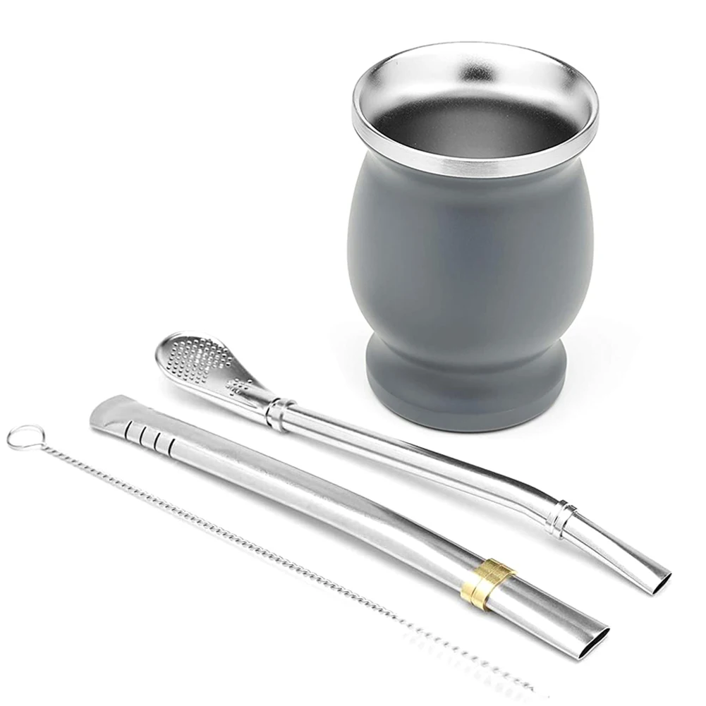 

1 Set 230ML Bombilla Set Yerba Mate Gourd Stainless Steel Tea Cup with Spoon straw and Brush Heat Insulation Anti Scalding