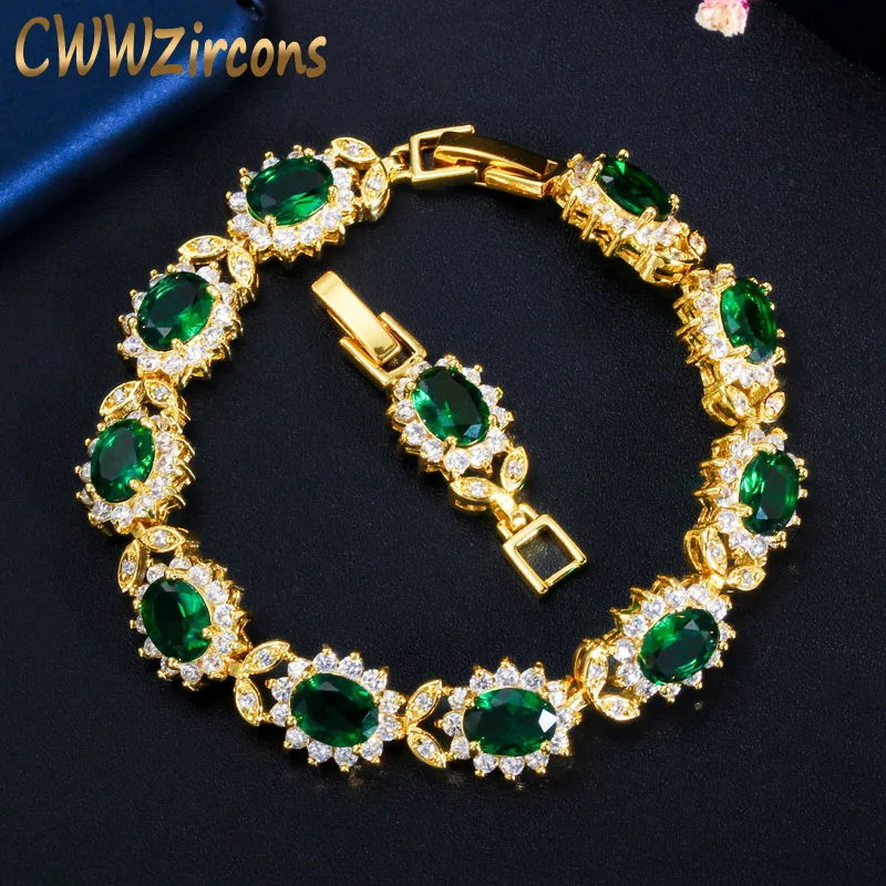CWWZircons Oval Green Cubic Zirconia Stone Yellow Gold Leaf Bracelet Bangle for Women African Dubai Bridal Party Jewellery CB205