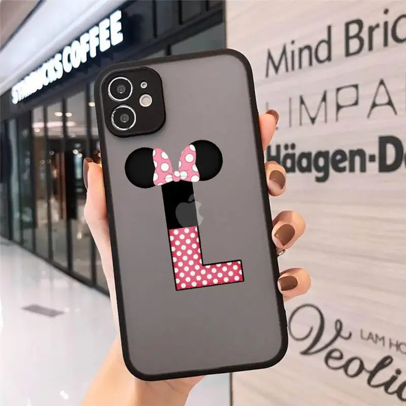 

cute Cartoon mouse bow 26 letters Phone Case Matte Transparent for iPhone 7 8 11 12 s mini pro X XS XR MAX Plus mobile bags