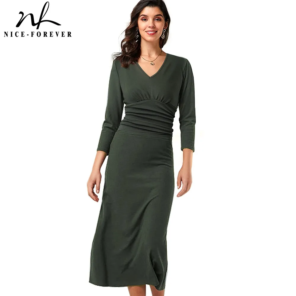 

Женское офисное платье Nice-forever, однотонное платье А-силуэта с V-образным вырезом, расширяющееся книзу, для вечевечерние и офиса, для осени, A235