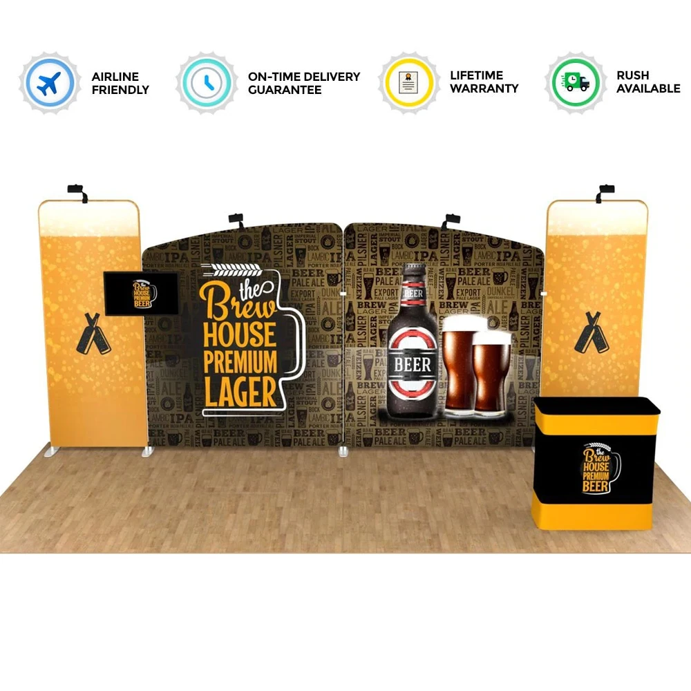 

20ft Tension Fabric Trade Show Display Back Wall Pop Up Stand with Custom Print Spotlights Counter