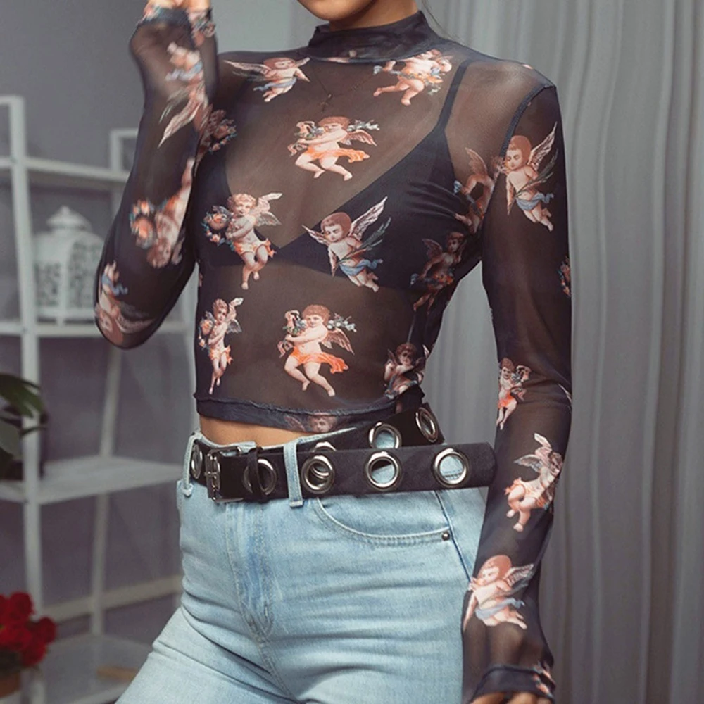 Для женщин топ с длинными рукавами Повседневная Блузка для девочек Прозрачная