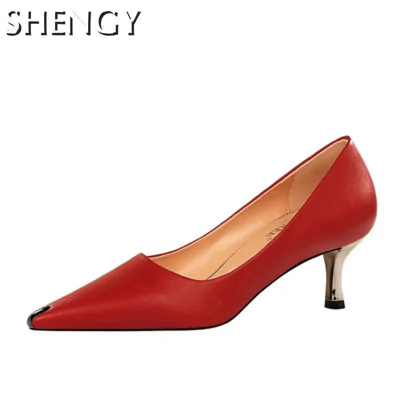 

Autumn New Women's Shoes Metal Solid Color Female High Heels Pointed Toe Mature All-Match Office Shallow Shoes for Women