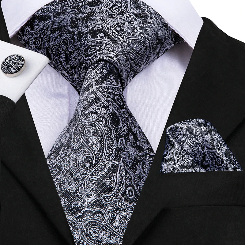 Hi-Tie мужской серый и черный галстук Пейсли Hanky запонки наборы цветочные шелковые галстуки для мужчин формальные свадебные вечеринки жениха - Цвет: SN-3051
