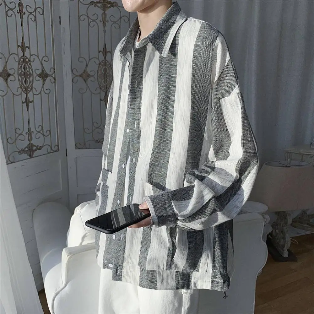 

Casual Mens Blouses Japan Harajuku Shirts New Striped Long Sleeve Shirt Japanese Print Shirt Male Aytumn Hip Hop Shirt for Boys