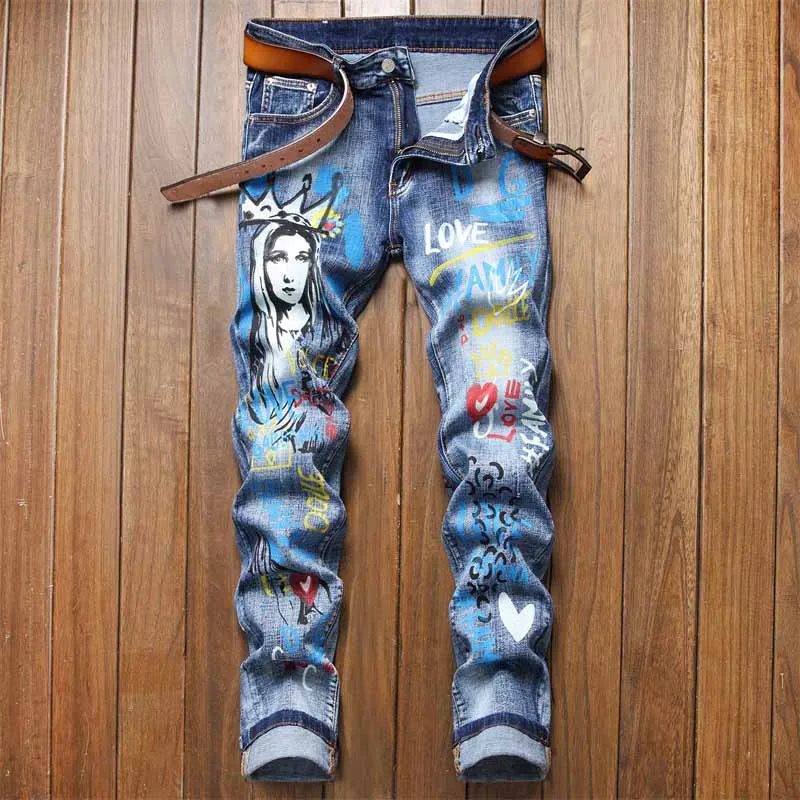 

KIOVNO Men's Hip Hop Graffiti Jeans Patter Painted Streetwear Denim Trousers For Male Size 29-38