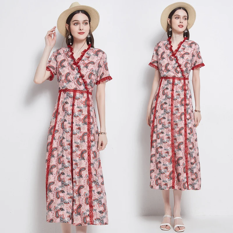 

Elegant Lady Dress 2021 Summer Vintage Chic Printing High Waist Short Sleeve Dress Slim Fashion V-neck Charming Dress Women