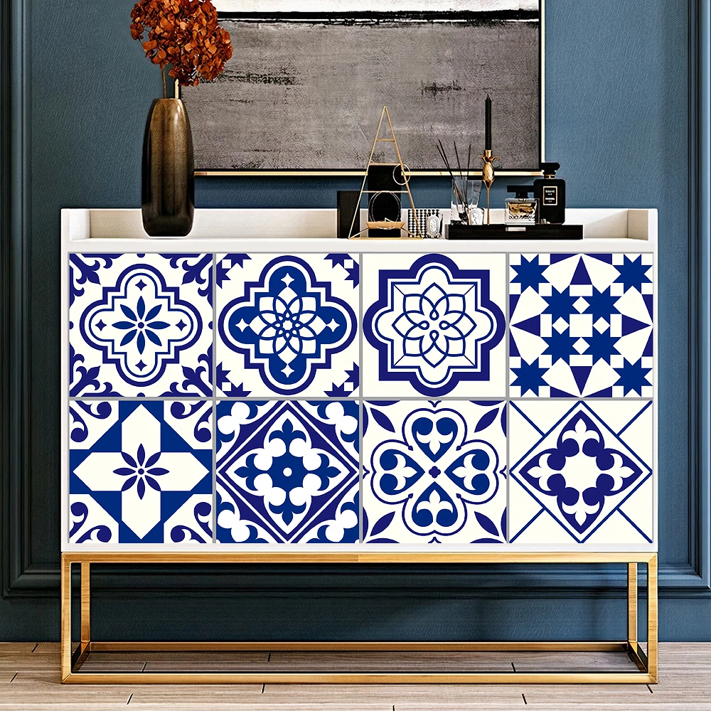

Blue & White Porcelain Tiles Wall Sticker Kitchen Backsplash Wardrobe Table Bathroom Waterproof Peel & Stick Art Wall Decals