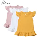 Pudcoco Детская летняя одежда От 1 до 6 лет, для маленьких девочек, однотонное мини-платье, нарядное шифоновое платье с оборками и рукавами-крылышками