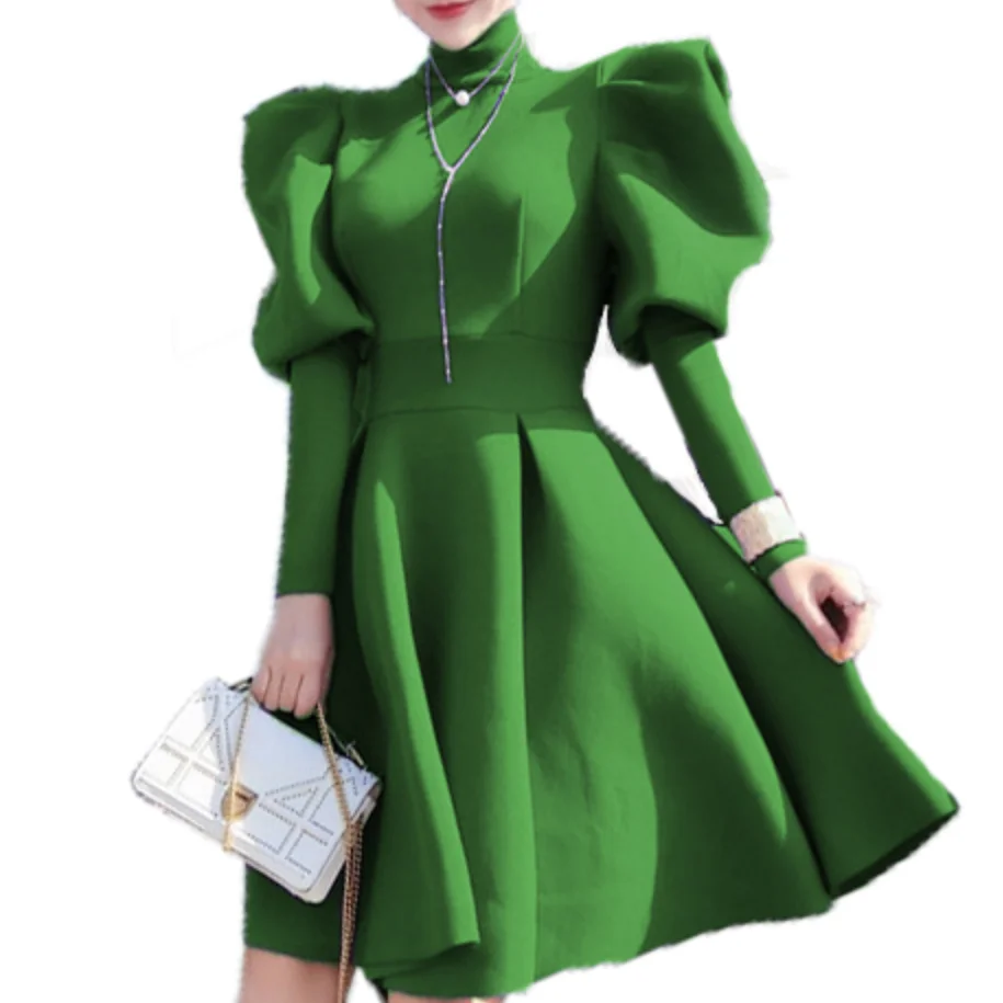 spring autumn vintage puff sleeve princess dress women high collar slim a-line paerty dress