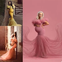 elegant long mermaid celebrity dresses plus size off shoulder ruffle sweep train maternity gowns pregnant women party dress