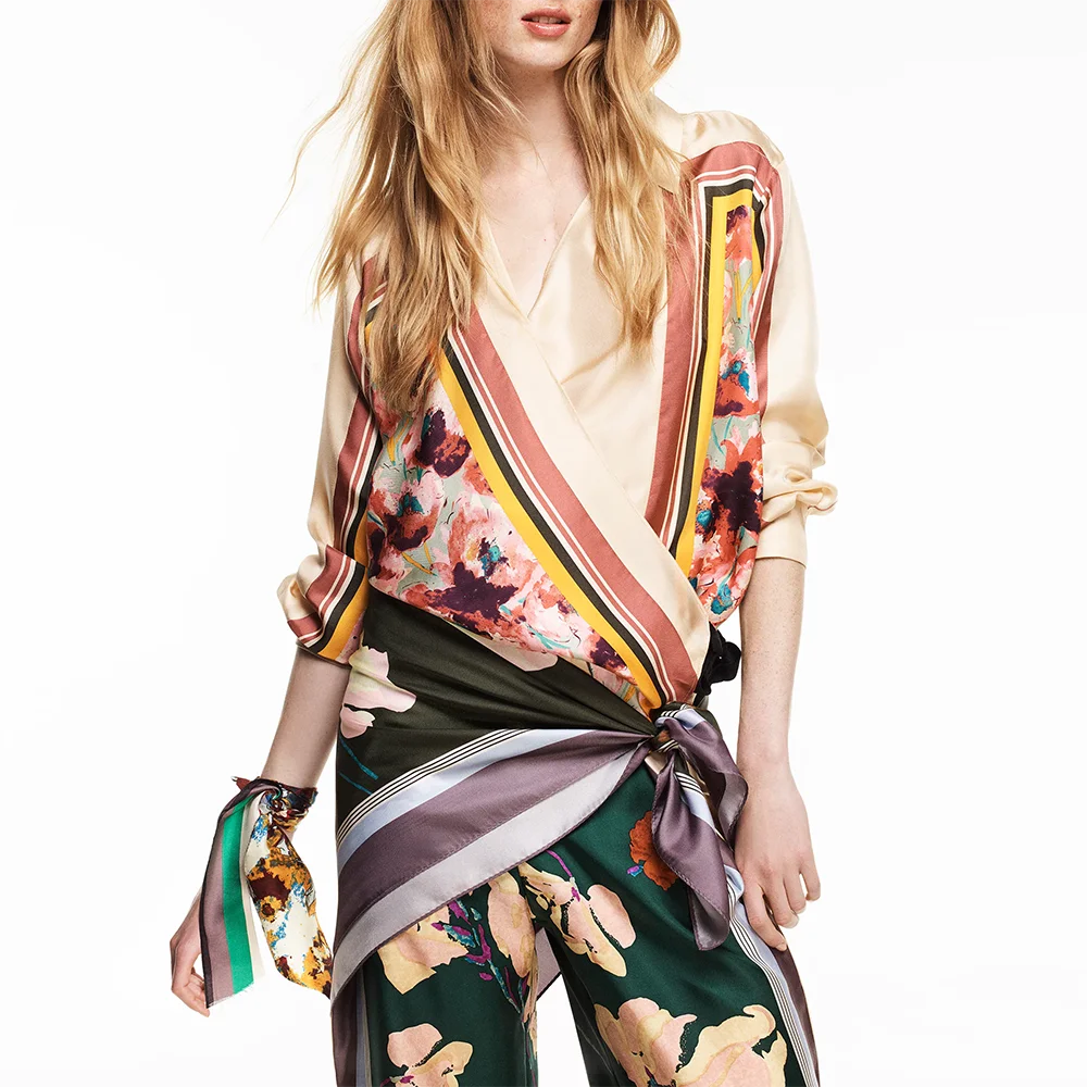 

Za Pant Sets Women Print Simulation Silk Blouse 2021 Vintage High Waist Casual Trousers Female Summer Elegant Two Pieces Set