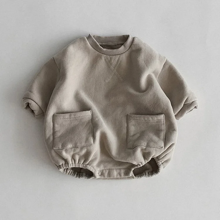 

Infant Winter New Jumpsuit Boys Girls Korean Simple Pocket Long Sleeve Fleece Romper