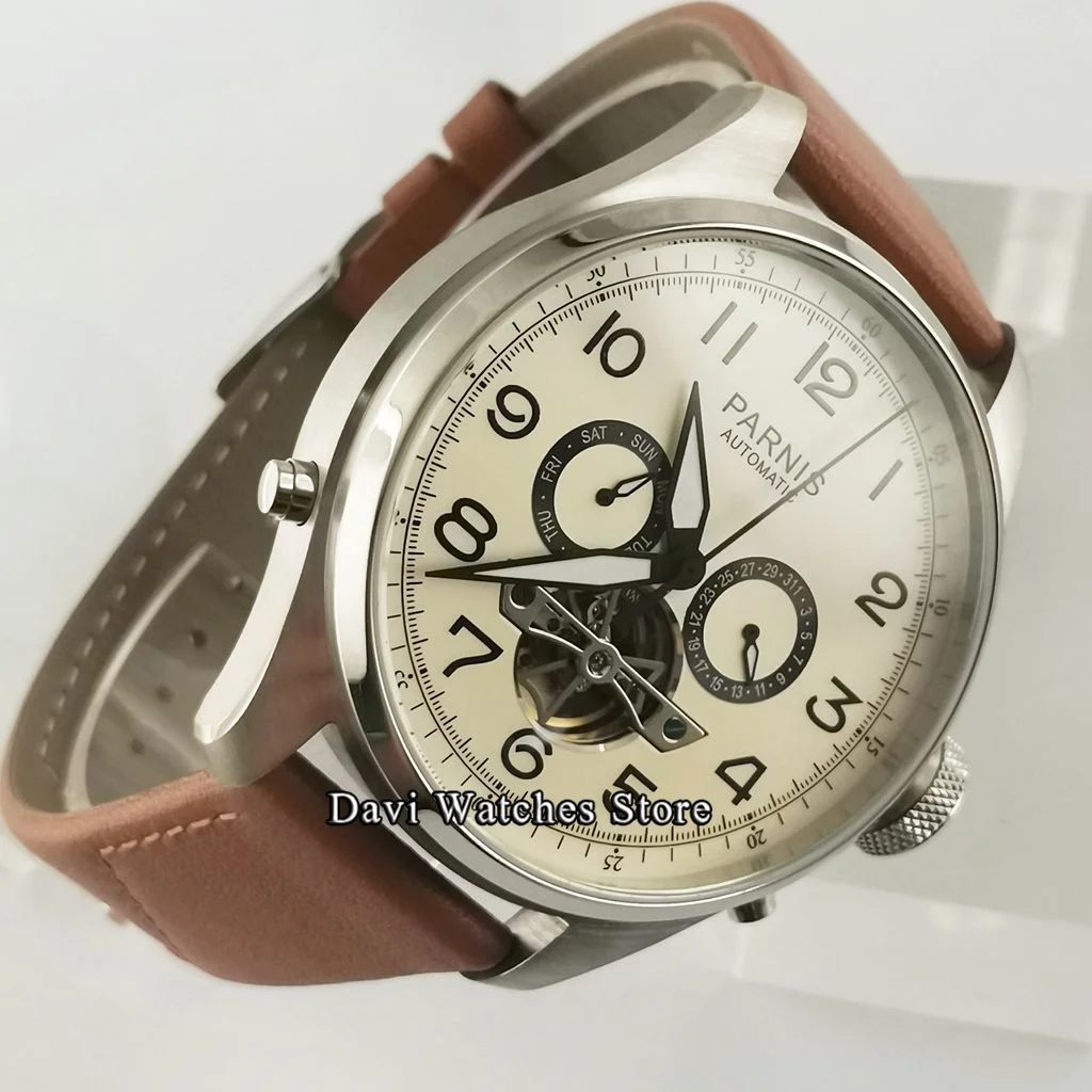 Мужские часы с календарём и недели Parnis оранжевые коричневым ремешком диаметром 48