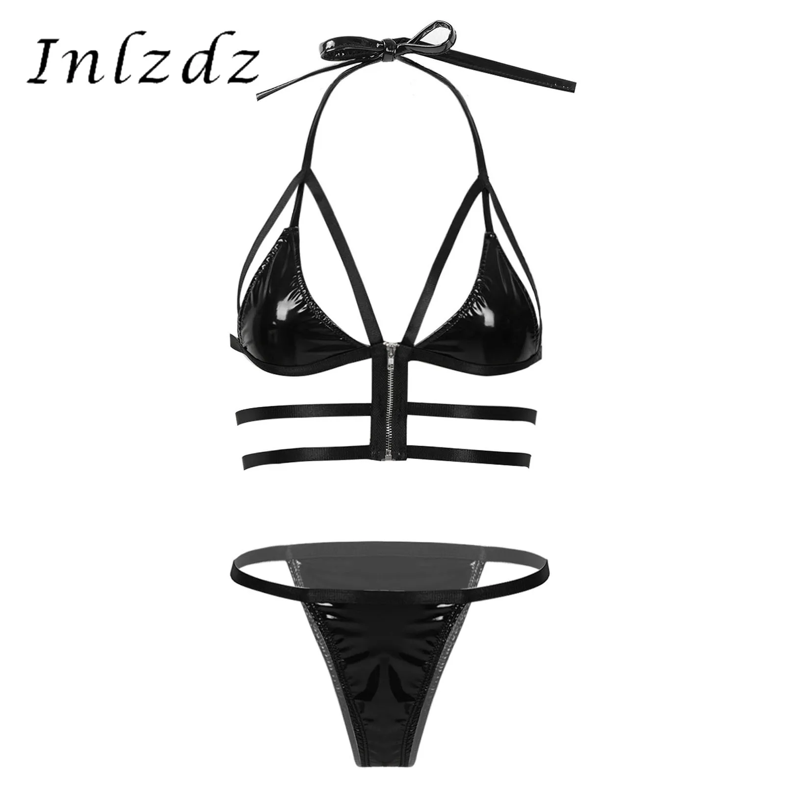 

Womens Sexy Bikini Lingerie Set Patent Leather Lace-up Bikini Swimwear Halter Neck Front Zipper Bra Top with T-back Underwear