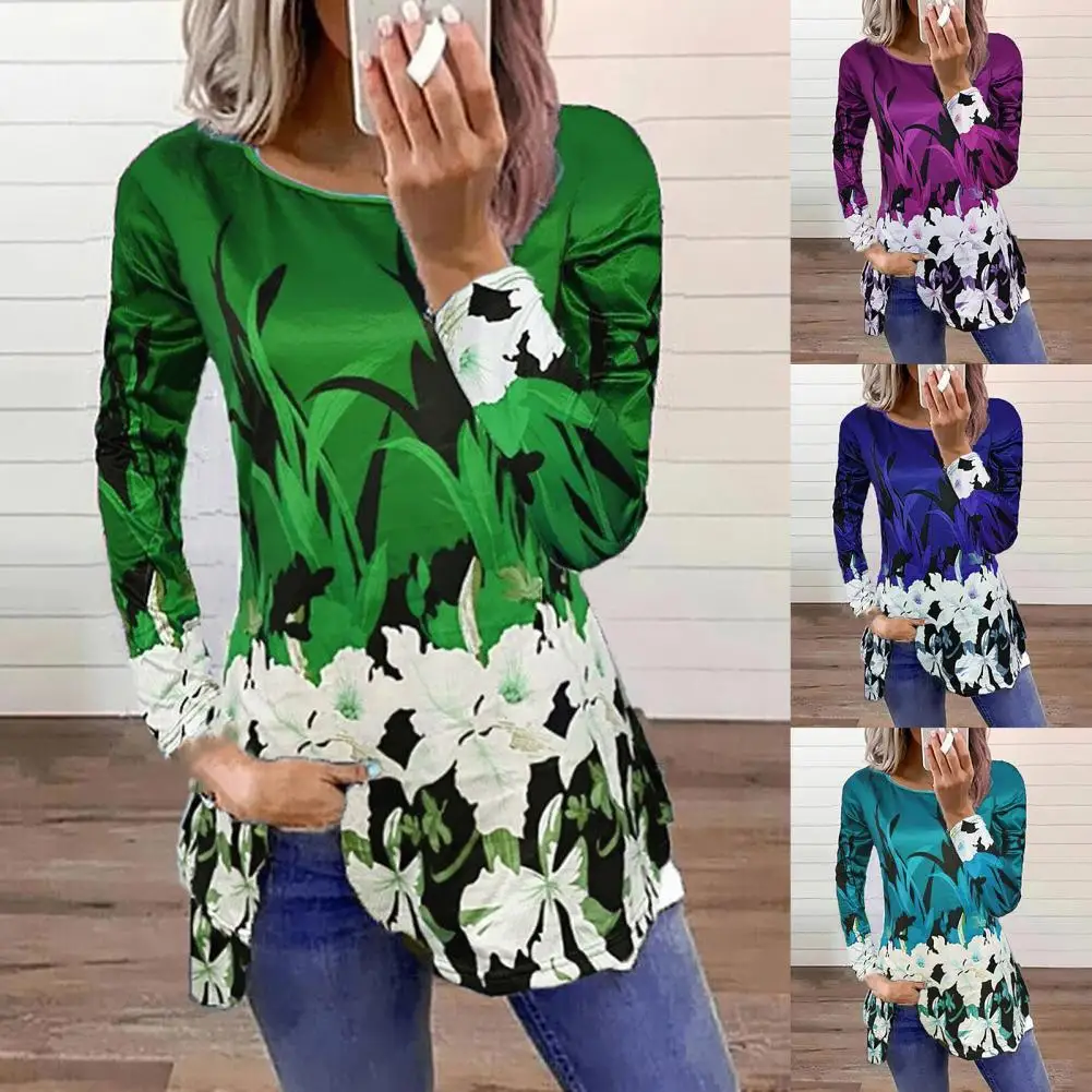 

Women T-shirt Floral Print Long Sleeve Autumn All Match O Neck Top Pullover Streetwear Floral Print Long Sleeve T-shirt
