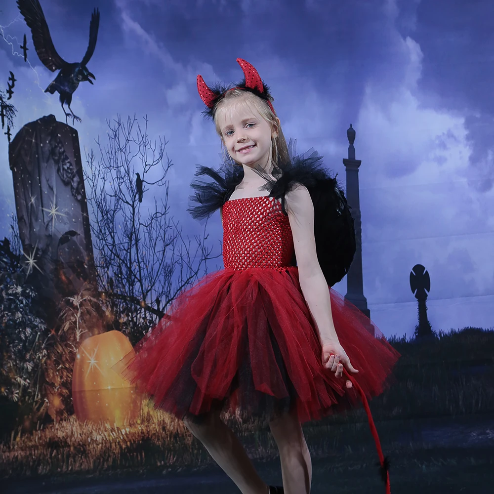 

Black Red Devil Girl Halloween Costume With Wings Horns Gothic Evil Witch Carnival Kids Party Dress Children Cosplay Ball Gown
