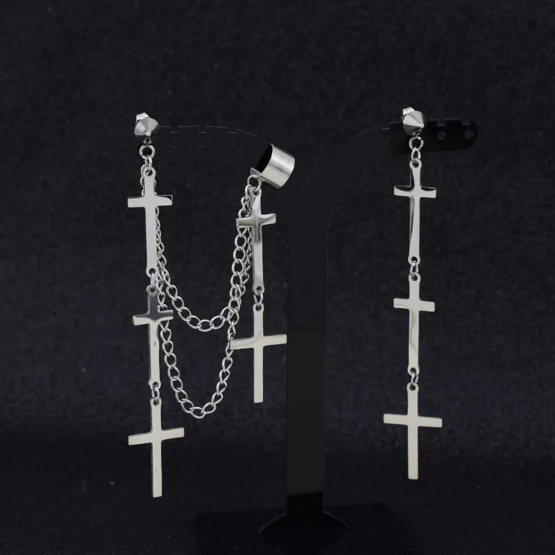

2021 New Arrived Stainless Steel Cross Earrings Ear Clip Men And Women Personality Single Long Tassel Cross Handmade Jewelry