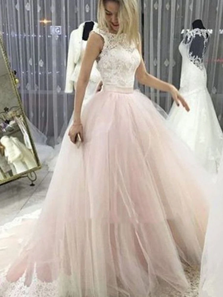 

Blush Pink Tulle Wedding Dress Lace Top Jewel Neck Sleeveless Bow Back A Line Bridal Gowns Corset Back vestido de noiva