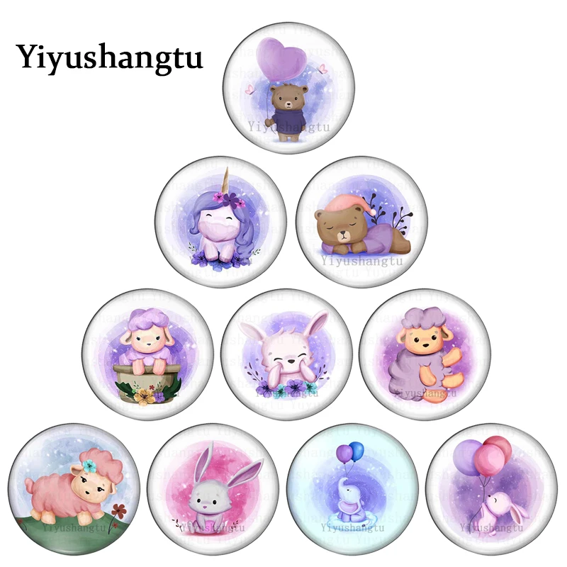 

Cartoon cute sheep bear rabbit unicorn painting 12mm/18mm/20mm/25mm Round photo glass cabochon demo flat back Making findings