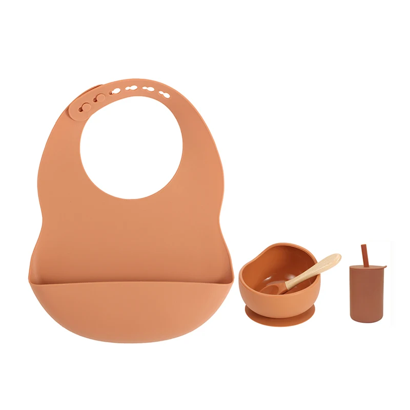 

Silicone Feeding Tableware for Kid Organic Cup With Lid and Straw Soft BPA Free Bib Baby Plate Silicone Suction Bowl Dish