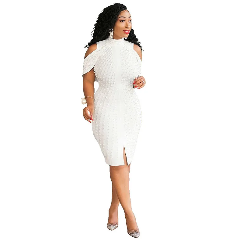

2021women high neck tightfitting mini dress fashion with pearl plus size dress high waist sexy party dress in Europe and America