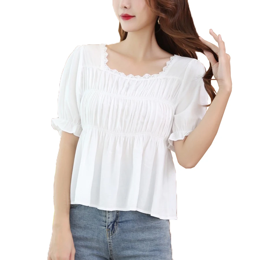 YOMING Women 2021 Summer Short Sleeve Slim Square Collar with Lace trimSolid Color Shirt Elegant Blouse