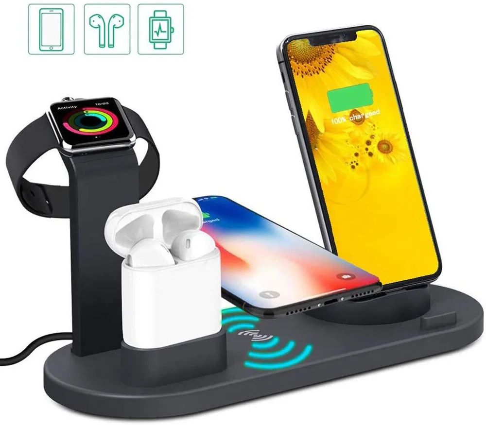 Беспроводное зарядное устройство 4 в 1 быстрая подставка для Apple Watch Series 5 4 3 2 Iwatch Airpods 2 Iphone XS MAX XR 8 Plus X Док-станция