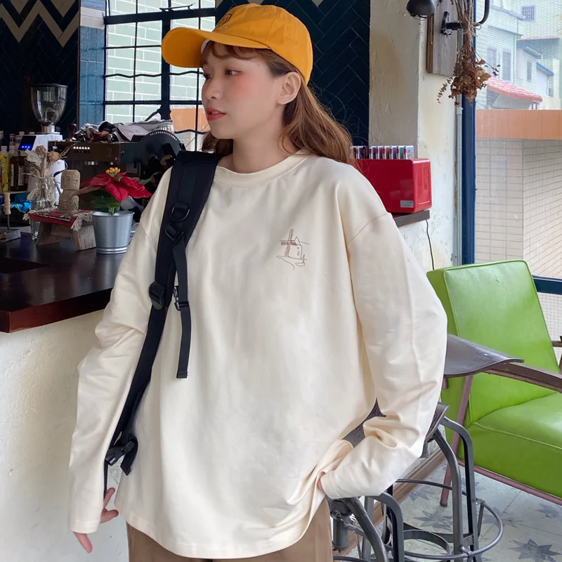 

Женская футболка с длинным рукавом, свободная футболка в Корейском стиле, в стиле бойфренд, для ранней осени, 2020