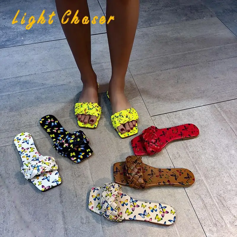 

Women's Slippers Woven Butterfly Summer Slippers Ladies Flat Shoes Square Toe Open Toe Ladies Sandals Casual Ladies Flip Flops