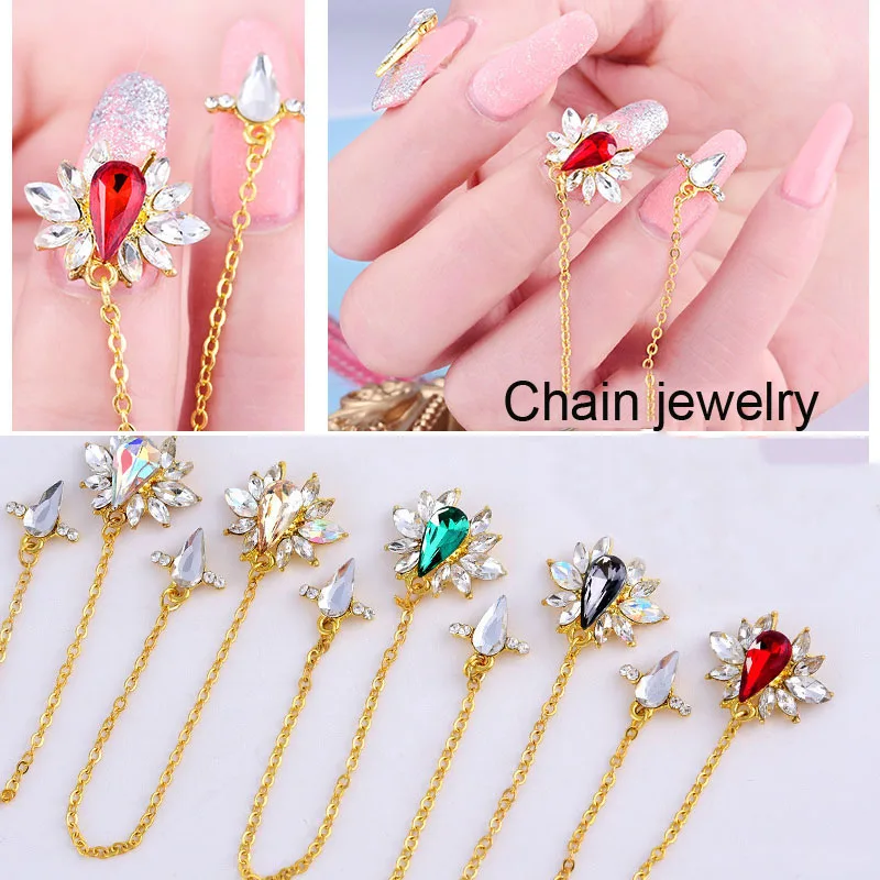 

2pcs Water Drop Crystal Diamond Top-long Tassel Chain Nail Jewelry Zircon Nail Chain Art Crystal Pendant zircon diamond charms