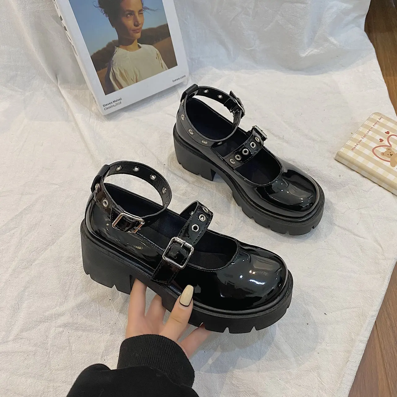 

Solid Leather Oxford Shoes Woman Japanese Vintage Women Shoes Buckle Strap Waterproof Platform Square Heels College Casual Shoes