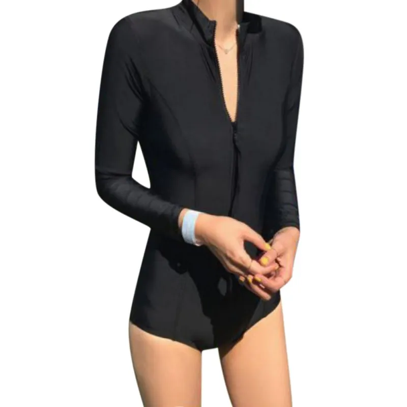 

Women One-Piece Swimsuits Tummy Control Zipper Swimwear Sexy Solid Color Tight-Fitting Long-Sleeved Elastic Triangle Swim Cloth