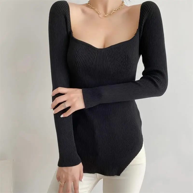 

MESTTRAF Women 2021 Fashion Solid Color Slim Knit Sweater Retro Long Sleeve Square Collar Hem Slit Pullover Streetwear
