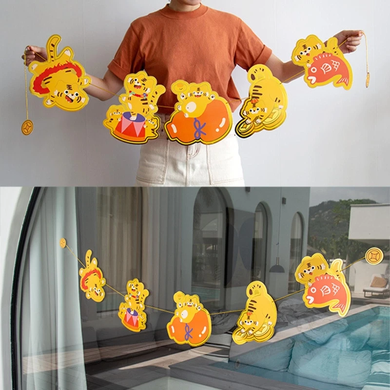 

D0AD 2022 Chinese New Year Tiger Banner Set Cute Cartoon Animal Lucky Paper Hanging Flag Bunting Garland