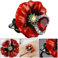 luxury red flower blossom plant ring big zirconium heart rings rings ladies women wedding poppy flower with heart jewelry