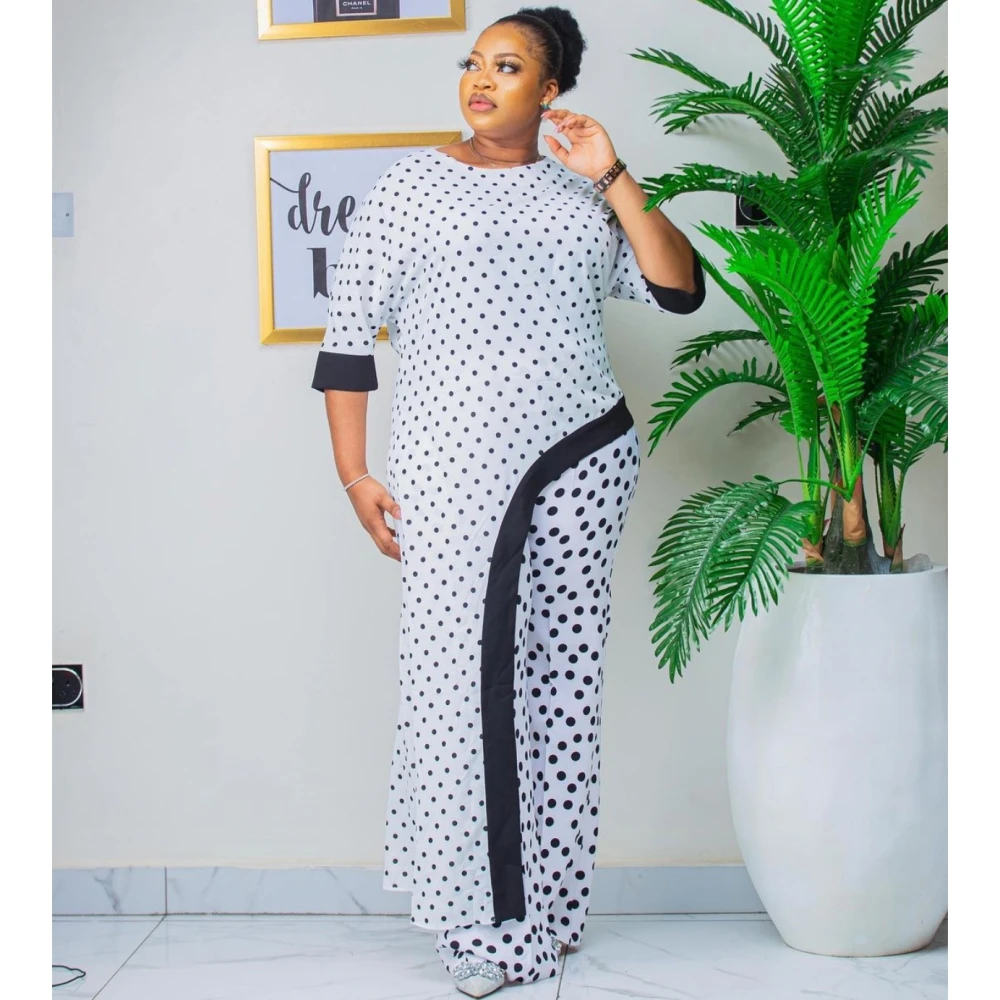 

Комплект из двух предметов африканская одежда Новые африканские Дашики модный Асимметричный костюм в горошек топ брюки супер эластичные Вечерние наряды для женщин