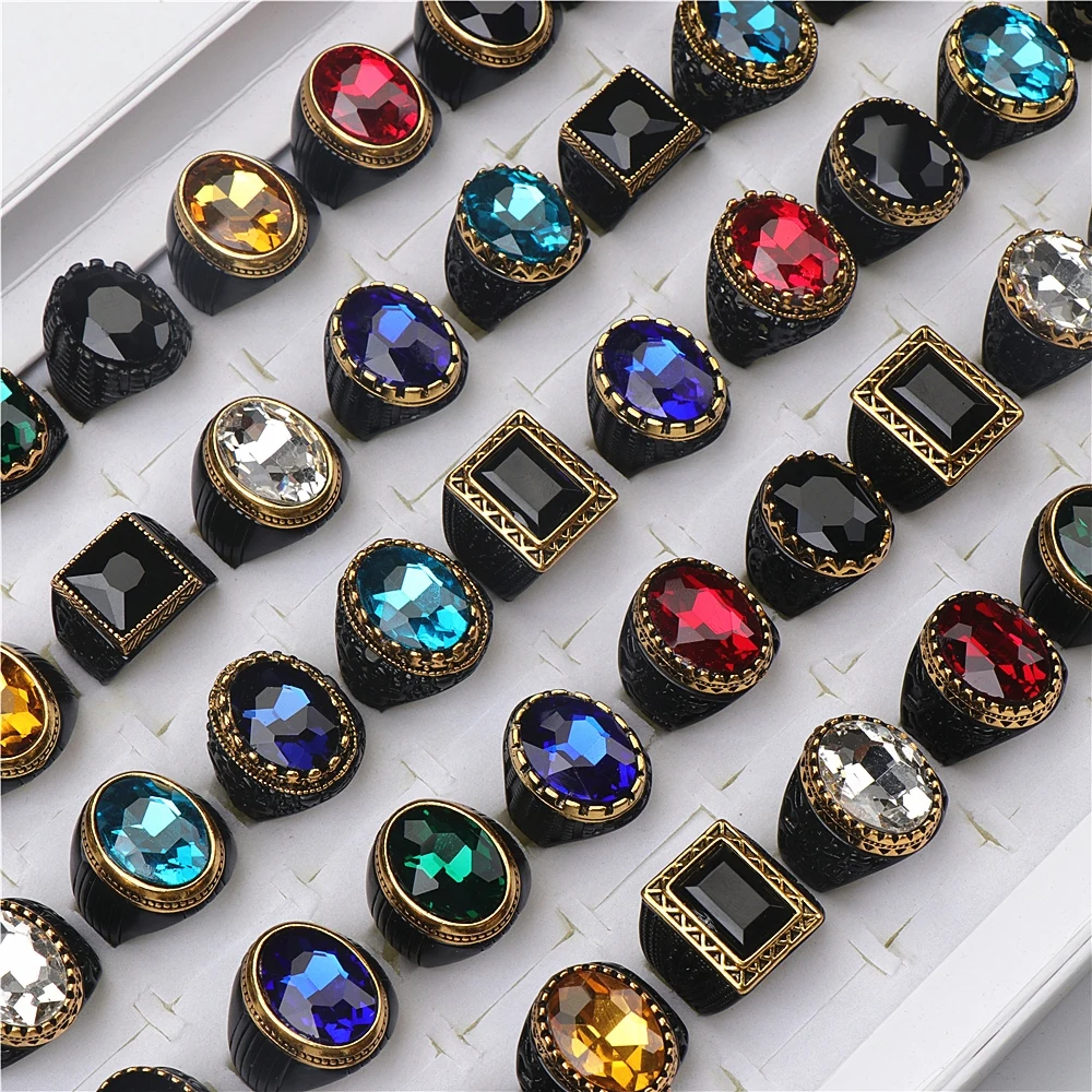 

20pcs/lot Fashion Luxury Black Imitation Gemstone Metal Jewelry Rings For Women Men Mix Style Party Gifts Wholesale