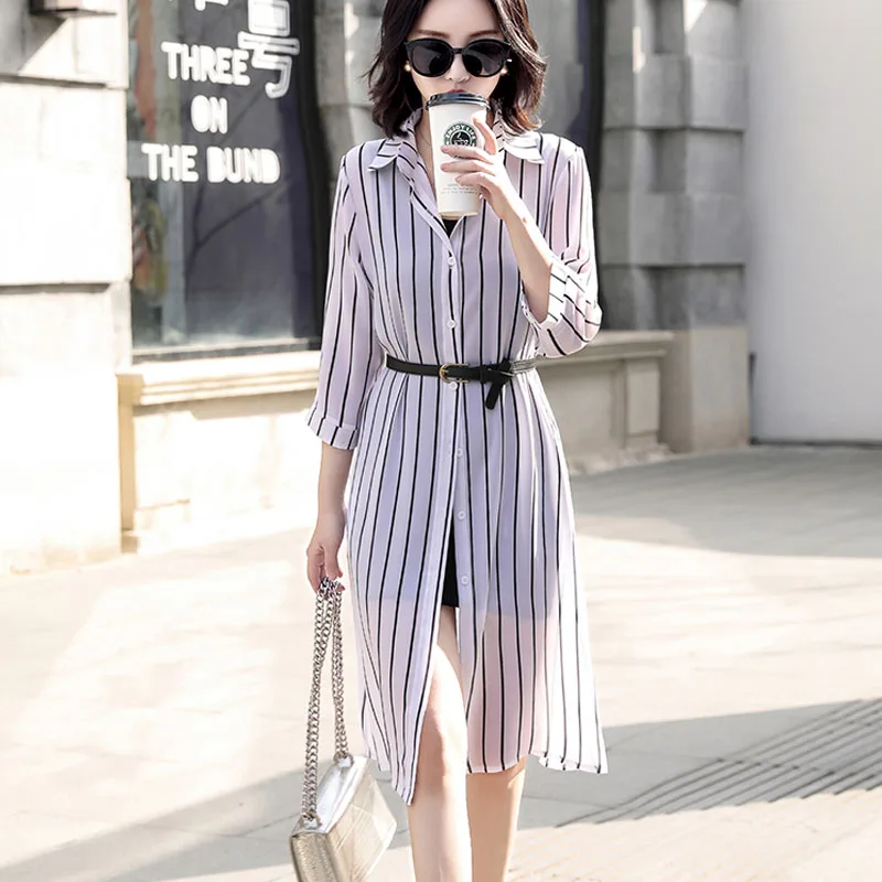 Летняя Солнцезащитная Женская Длинная блузка супер тонкий цветочный шифон