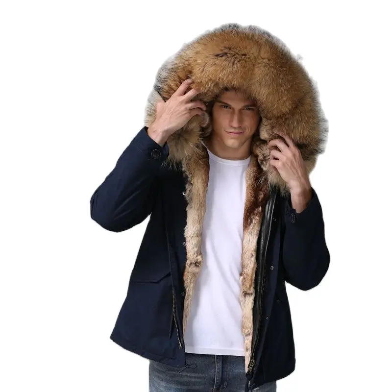 Мужская короткая Парка темно-синего цвета с подкладкой из искусственного меха -