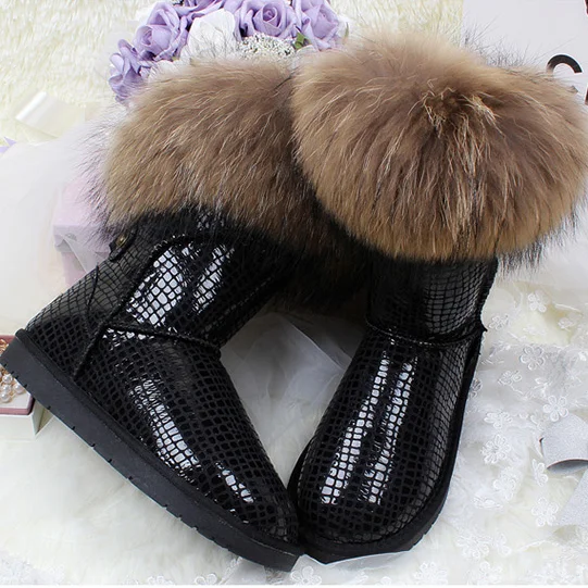 black stone mid calf G& Zaco/Роскошные зимние ботинки с натуральным лисьим мехом; женские ботинки из натуральной кожи; Средний теленок; водонепроницаемые ботинки из коровьей кожи с натуральным мехом - Цвет: black stone mid calf