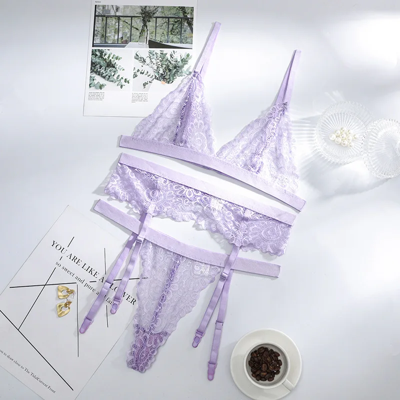 

Women Bras and Panties Underwear Set See Through Lace Bandage Lingerie Lenceria Para Mujer Purple Transparent Corset Intimate