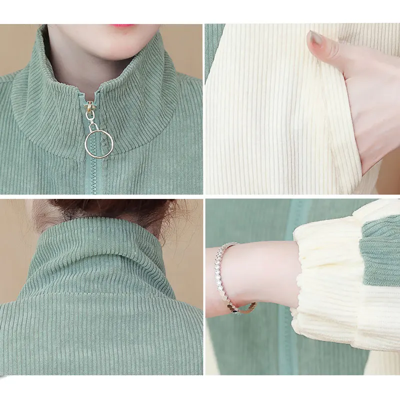 

Korean Casual Short Corduroy Jackets Woman Two Colors Splicing Zipper Outerwear Top 2021 Spring Autumn Basic Slim Clothes Female