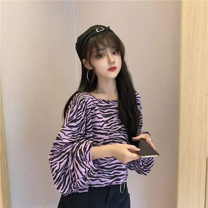 Women Sweetshirts Triped Lantern Sleeve Pullovers Harajuku Streetwear Women Korean Pop Plus Size Women Clothing Spring 2021
