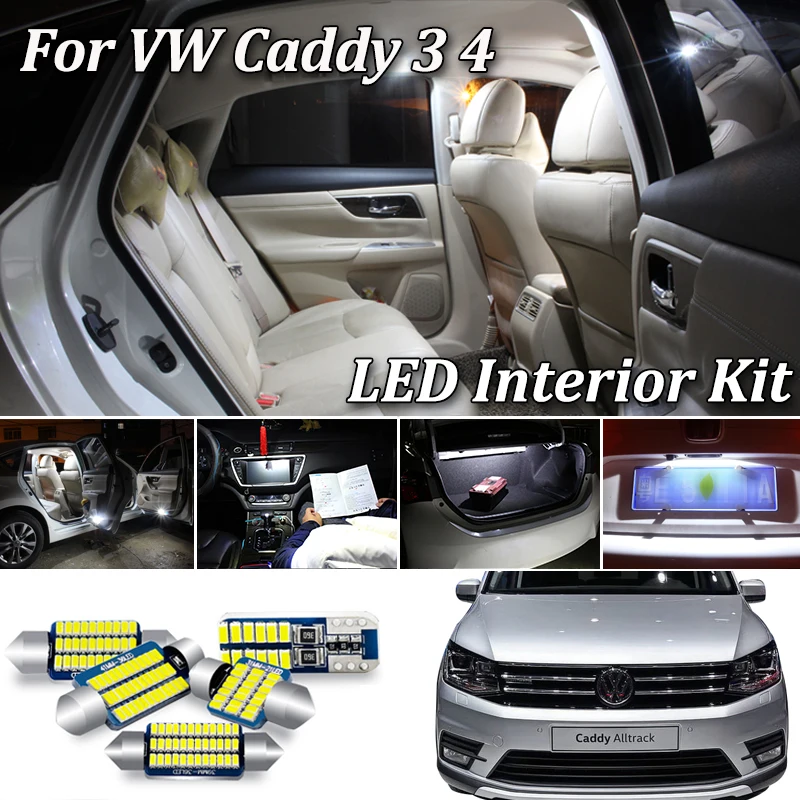 

100% Canbus белый светодиодный светильник Ки для Volkswagen VW Caddy 3 4 MK3 MK4, светодиодсветодиодный внутренняя карта, купол, багажник, комплект освещения