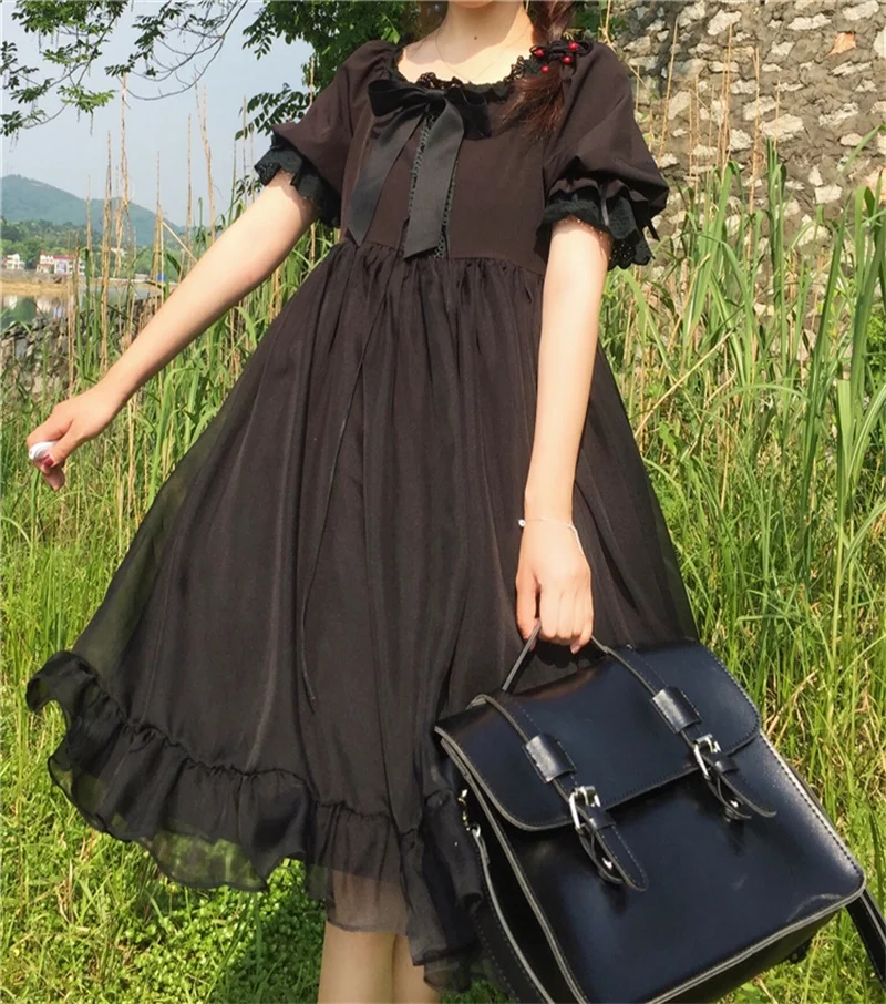 

Japanese Sweet Kawaii Lolita Pink Black Dresses 2020 Summer Preppy Style Women A-Line Puff Sleeve Bow Women Clothes Party Dress
