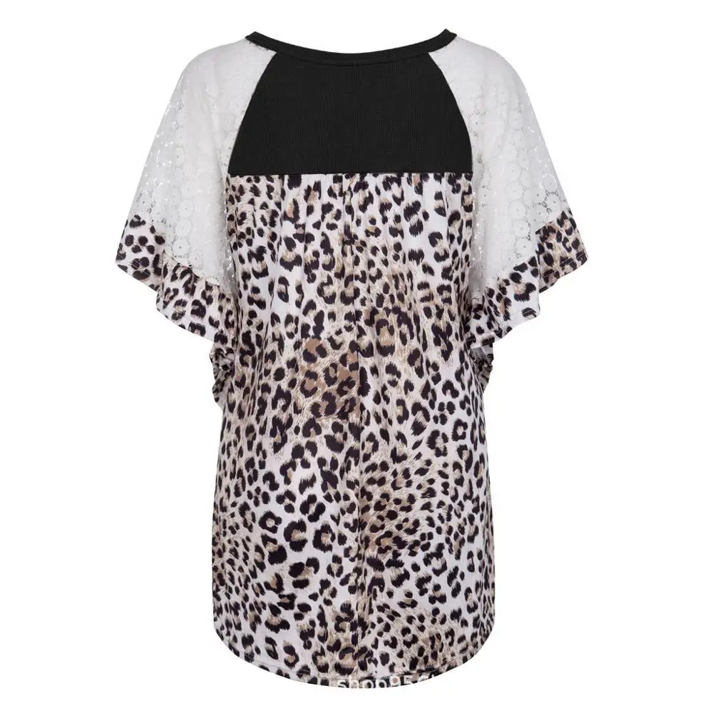 

New Summer Hot Women Tops Plus Sizes Tees Femme Lace Leopard Bow T Shirts Elegant Ruffles Loose Sexy Befree Boho Shirt