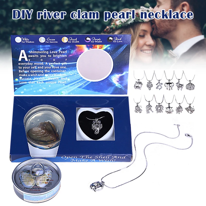 DIY Love Pearl Creations Zodiac Wish Kit with Pendant Necklace Freshwater Pearl Clam Canned Gift Box Set for Women Decoration